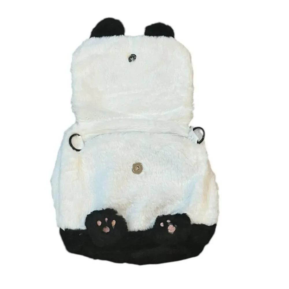 Plush Panda Bear Backpack Black White Convertible Shoulder Bag Faux Fur New